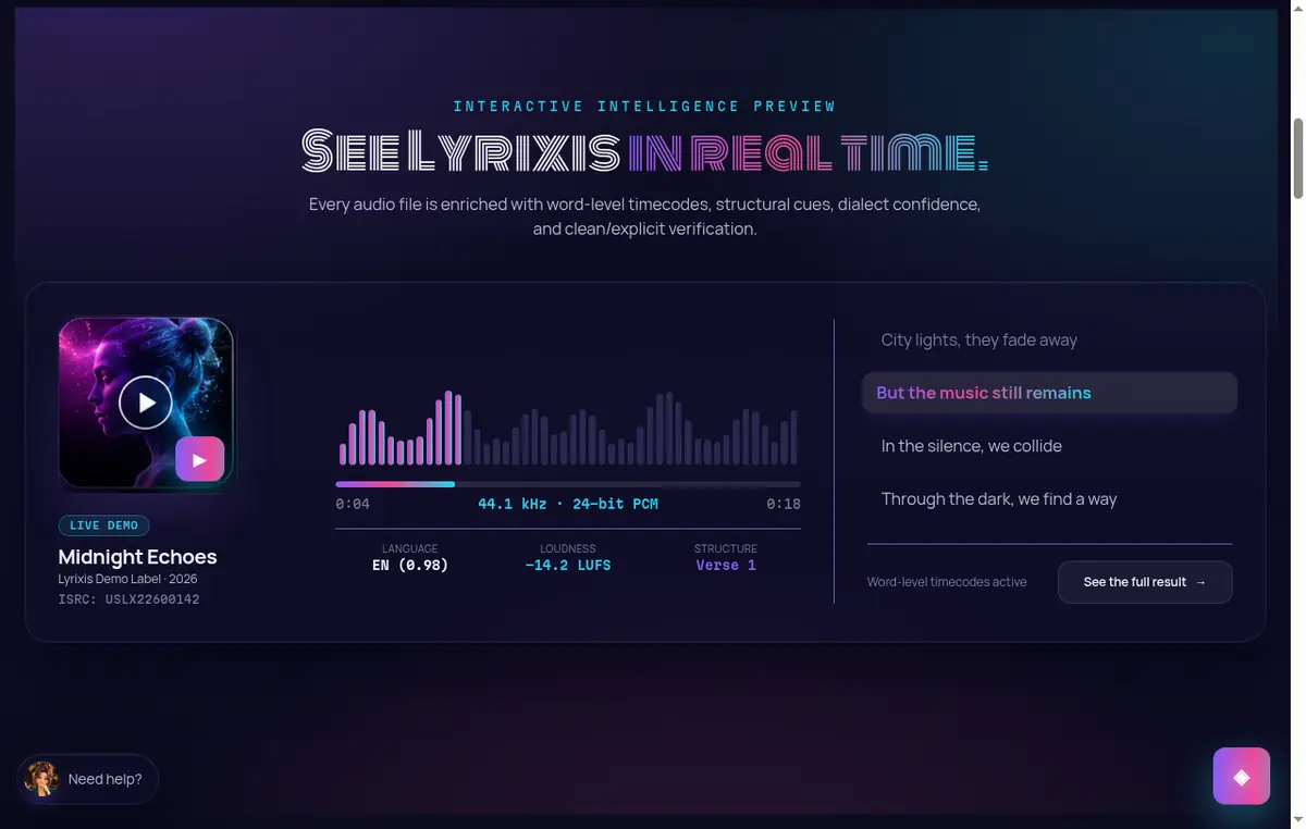 Synced lyrics playing in the Lyrixis demo, with the current line highlighted